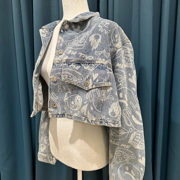 Edikted Cropped Denim Jacket & Malia Printed Wide Leg Jeans Streetwear - Picture 10 of 16